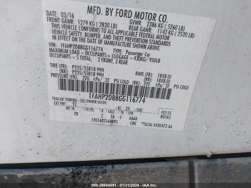 2016 FORD TAURUS SE - 1FAHP2D88GG116774