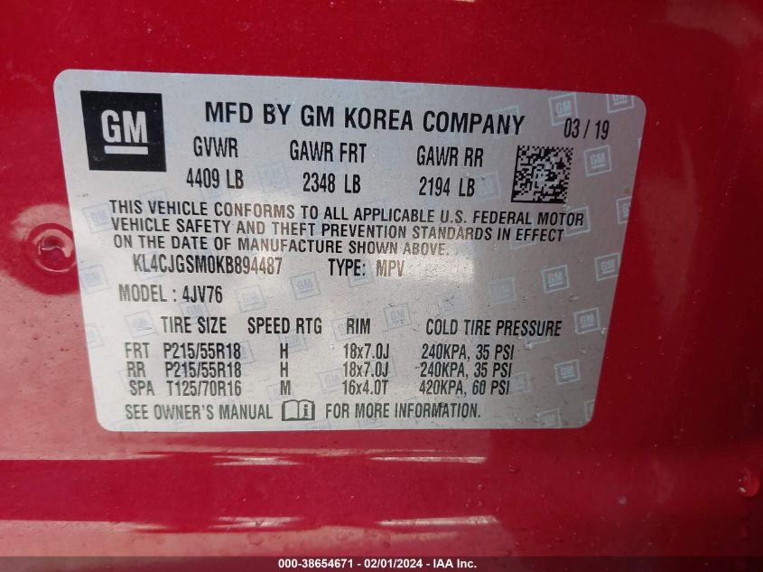 2019 BUICK ENCORE ESSENCE - KL4CJGSM0KB894487