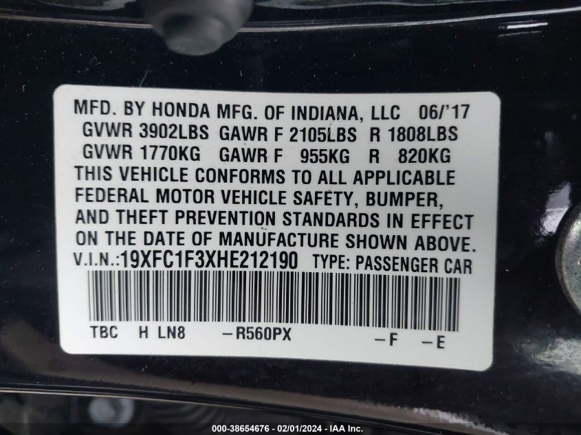 2017 HONDA CIVIC EX - 19XFC1F3XHE212190