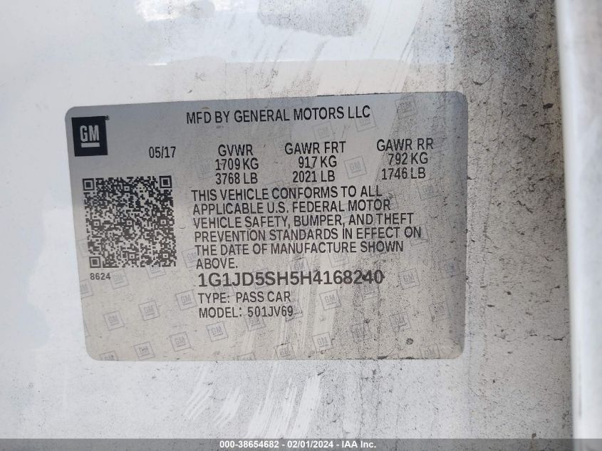 2017 CHEVROLET SONIC LT - 1G1JD5SH5H4168240
