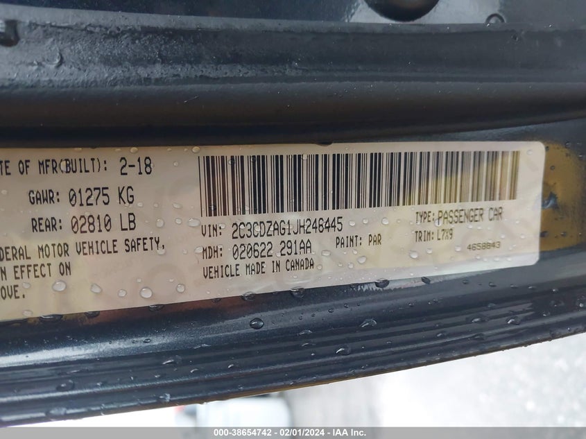 VIN 2C3CDZAG1JH246445 2018 DODGE CHALLENGER SXT