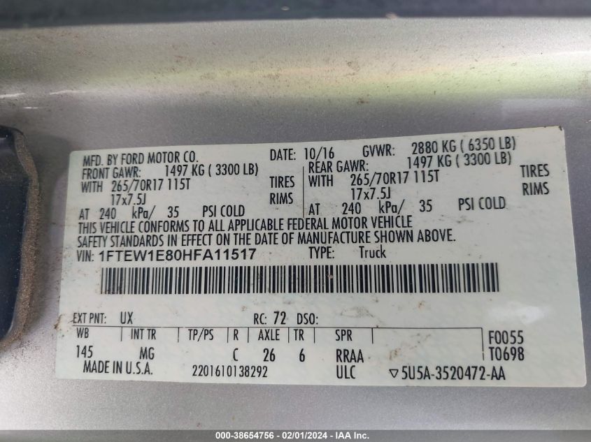 2017 FORD F-150 SUPERCREW - 1FTEW1E80HFA11517