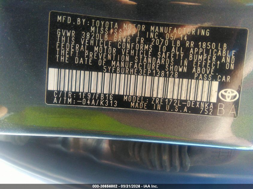 2014 TOYOTA COROLLA LE - 5YFBURHE3EP138128