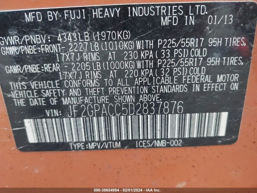 2013 SUBARU XV CROSSTREK 2.0 PREMIUM - JF2GPACC5D2837876