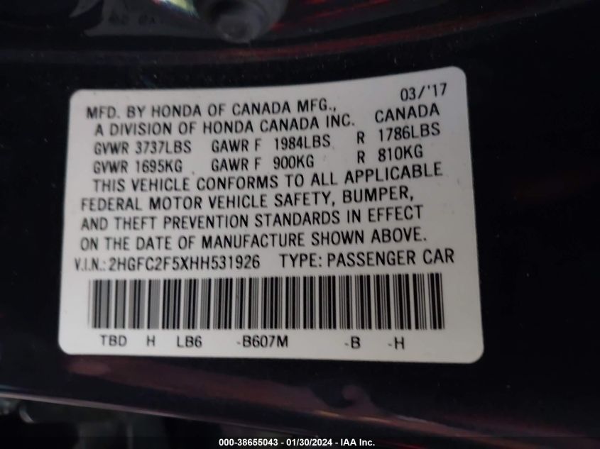 2017 HONDA CIVIC LX - 2HGFC2F5XHH531926