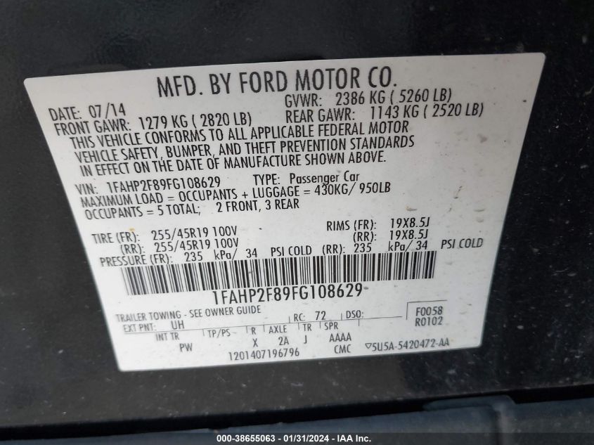 2015 FORD TAURUS LIMITED - 1FAHP2F89FG108629