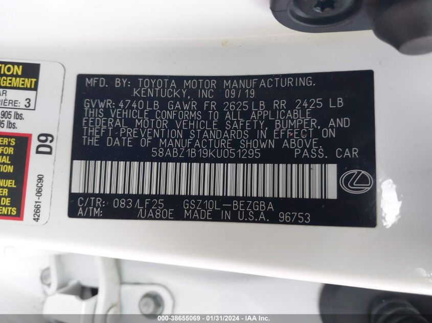 2019 LEXUS ES 350 F SPORT - 58ABZ1B19KU051295