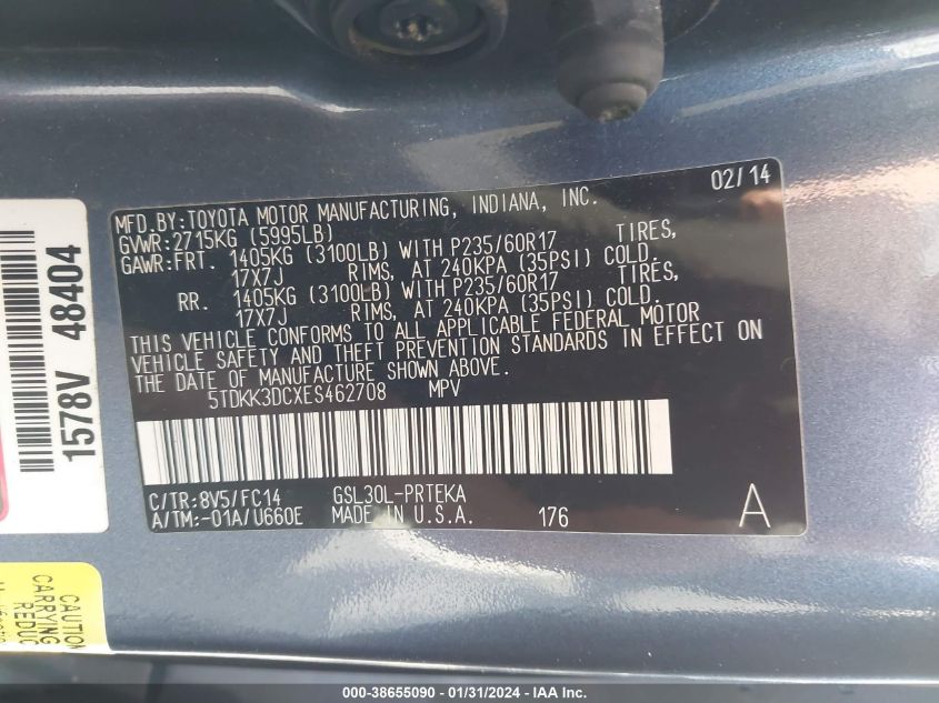 2014 TOYOTA SIENNA LE V6 8 PASSENGER - 5TDKK3DCXES462708