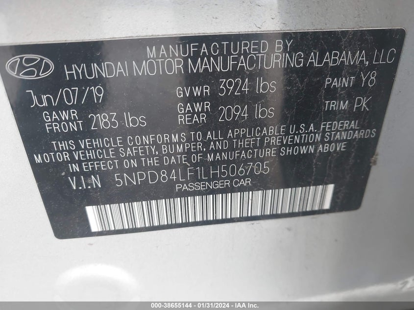 VIN 5NPD84LF1LH506705 2020 HYUNDAI ELANTRA SEL/VALUE/LIMITED