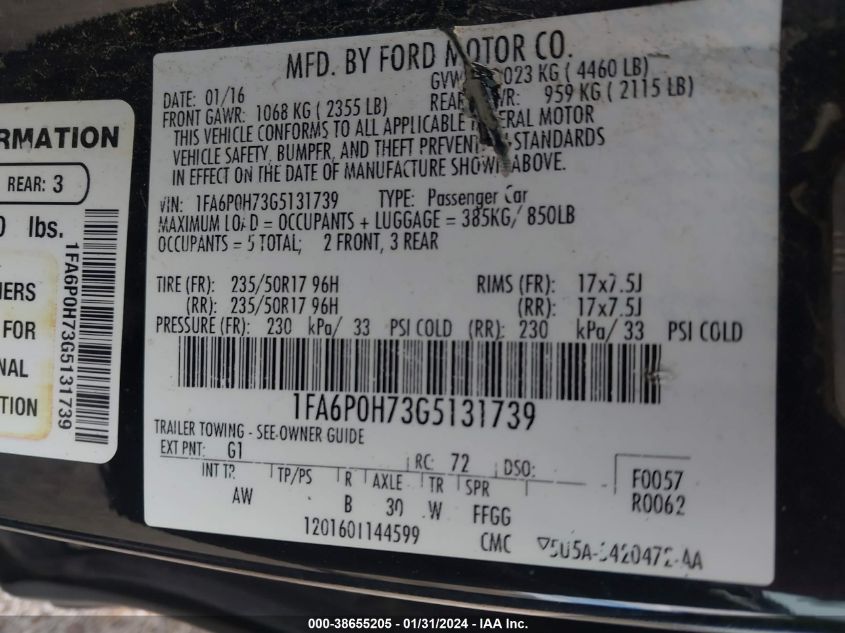 2016 FORD FUSION SE - 1FA6P0H73G5131739