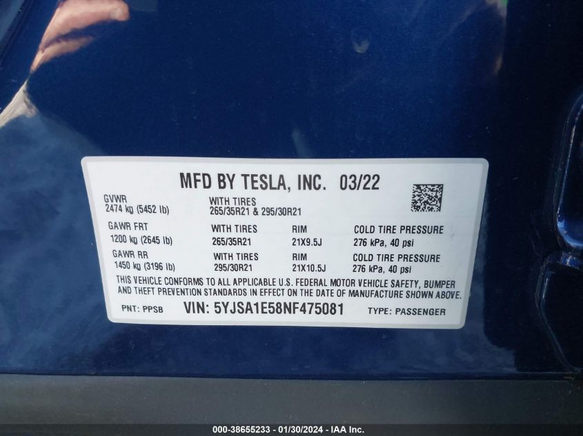 2022 TESLA MODEL S DUAL MOTOR ALL-WHEEL DRIVE - 5YJSA1E58NF475081
