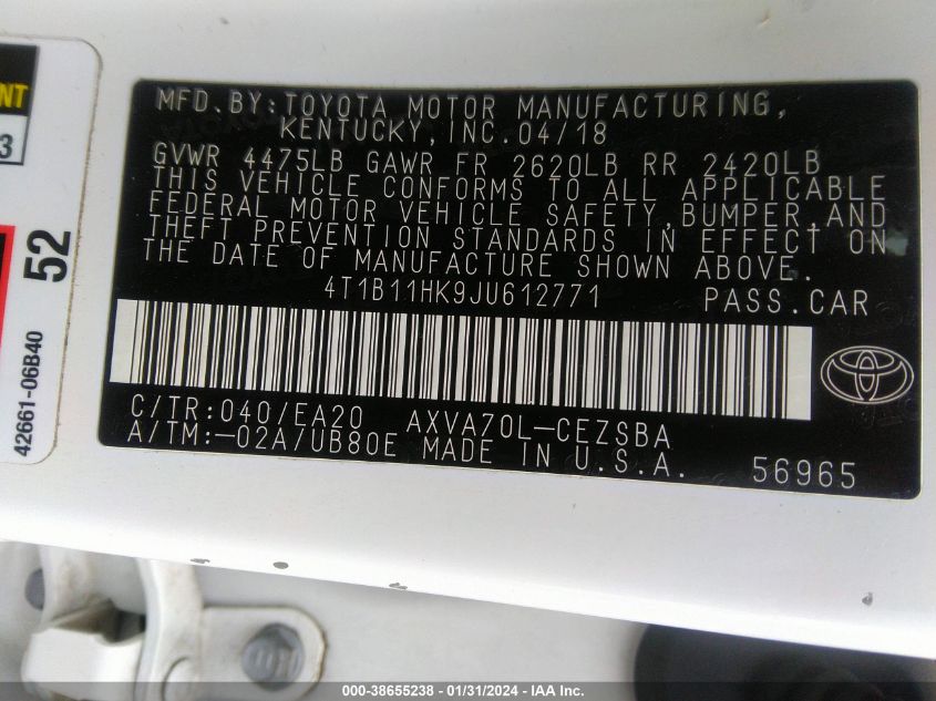 2018 TOYOTA CAMRY L/LE/XLE/SE/XSE - 4T1B11HK9JU612771