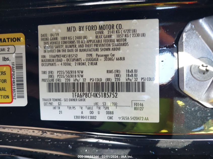 2019 FORD MUSTANG GT - 1FA6P8CF4K5185752