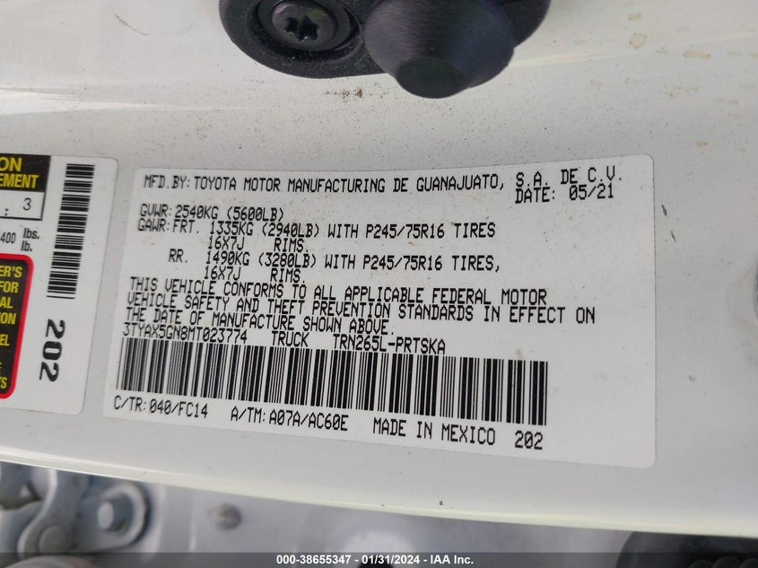 VIN 3TYAX5GN8MT023774 2021 TOYOTA TACOMA SR5