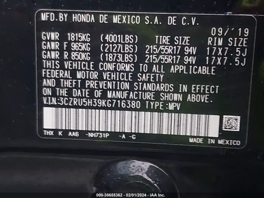 2019 HONDA HR-V LX - 3CZRU5H39KG716380