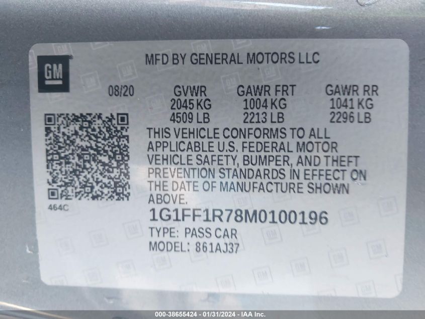 2021 CHEVROLET CAMARO RWD  1SS - 1G1FF1R78M0100196