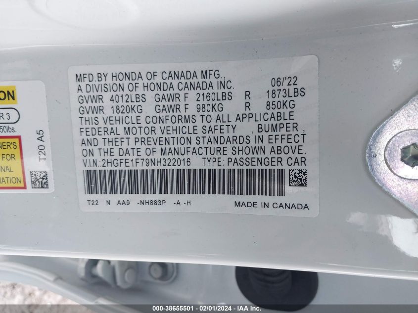 2022 HONDA CIVIC EX - 2HGFE1F79NH322016