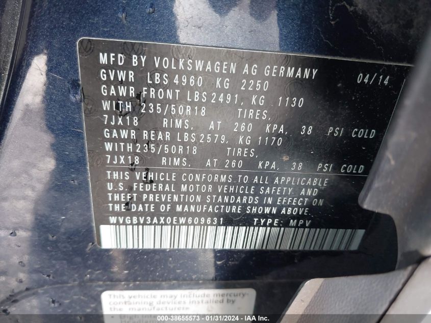 2014 VOLKSWAGEN TIGUAN SEL - WVGBV3AX0EW609631