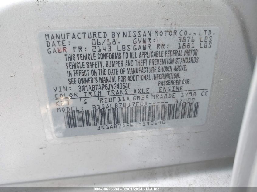 2018 NISSAN SENTRA S/SV/SR/SL - 3N1AB7AP6JY340640