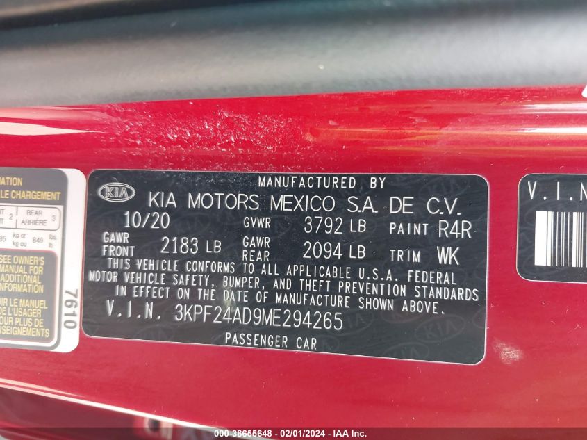 2021 KIA FORTE LXS - 3KPF24AD9ME294265