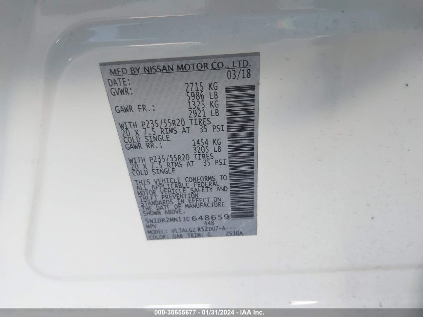 2018 NISSAN PATHFINDER S/SV/SL/PLATINUM - 5N1DR2MN1JC648659