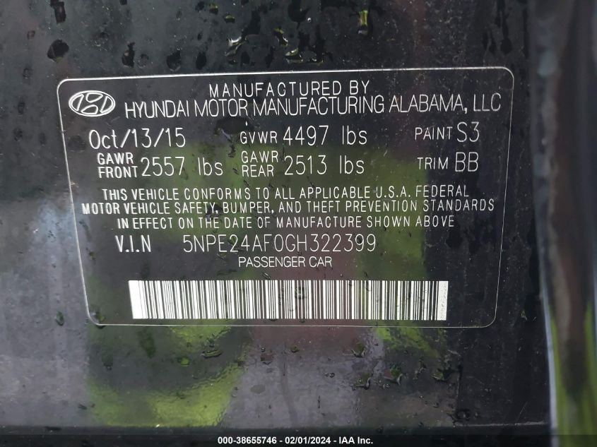 2016 HYUNDAI SONATA SE - 5NPE24AF0GH322399