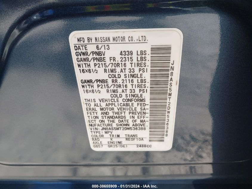 2013 NISSAN ROGUE S - JN8AS5MT2DW536388
