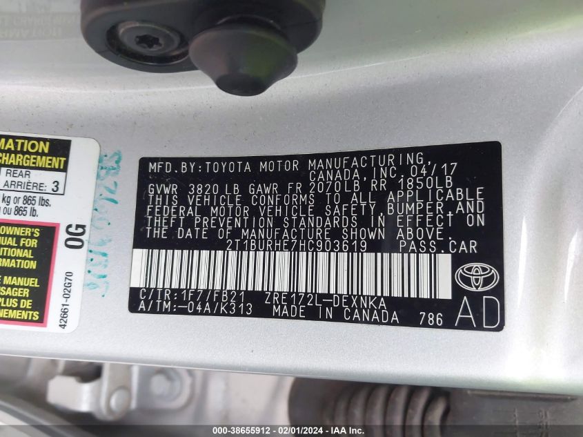 2017 TOYOTA COROLLA L/LE/XLE/SE/XSE - 2T1BURHE7HC903619