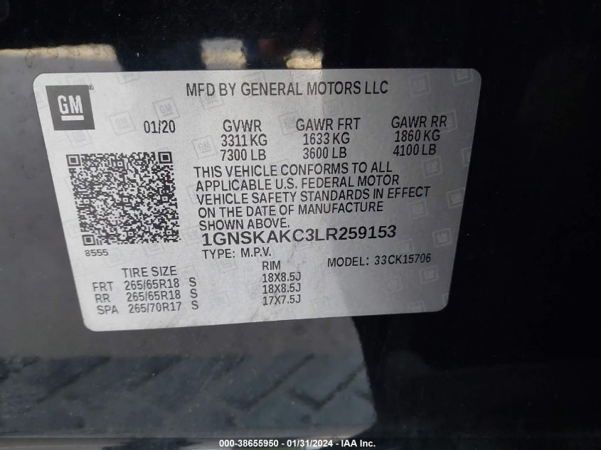 2020 CHEVROLET TAHOE 4WD LS - 1GNSKAKC3LR259153