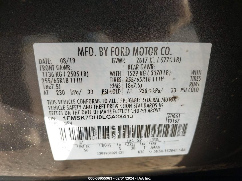 2020 FORD EXPLORER XLT - 1FMSK7DH0LGA38413
