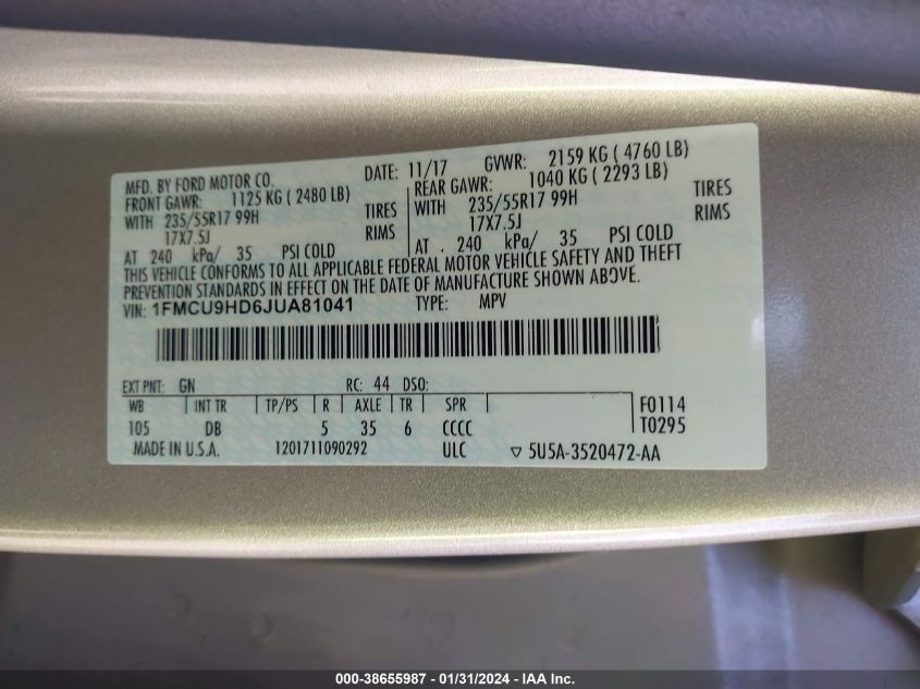 2018 FORD ESCAPE SEL IFMCU9HD6JUA81041