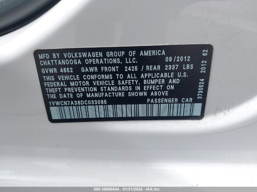 2013 VOLKSWAGEN PASSAT SEL - 1VWCN7A38DC033085