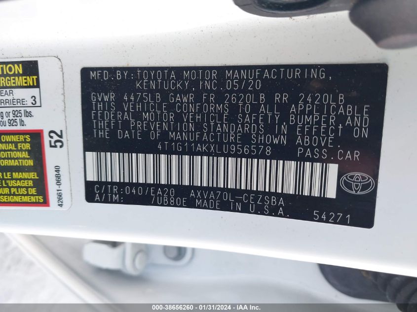 2020 TOYOTA CAMRY SE - 4T1G11AKXLU956578