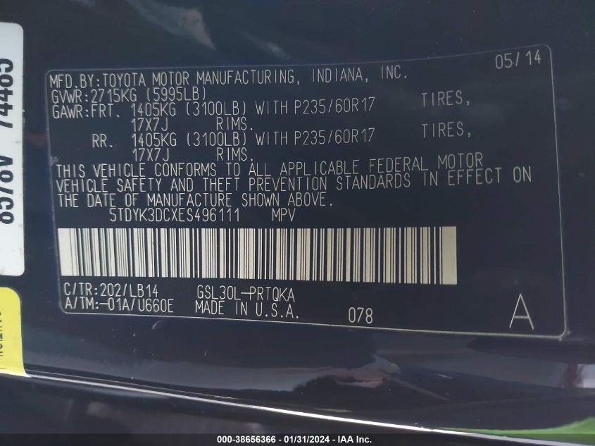 2014 TOYOTA SIENNA XLE V6 8 PASSENGER - 5TDYK3DCXES496111