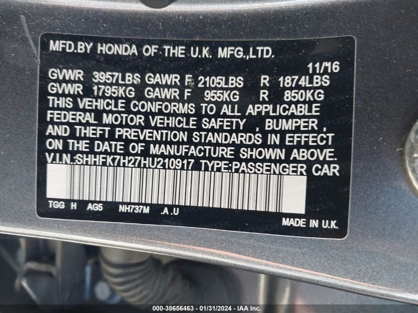 2017 HONDA CIVIC LX - SHHFK7H27HU210917