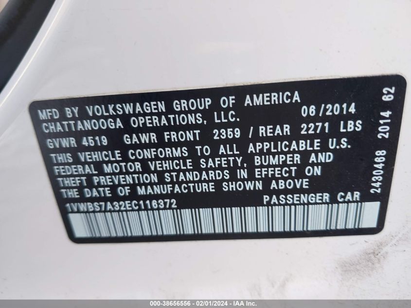 2014 VOLKSWAGEN PASSAT SE - 1VWBS7A32EC116372