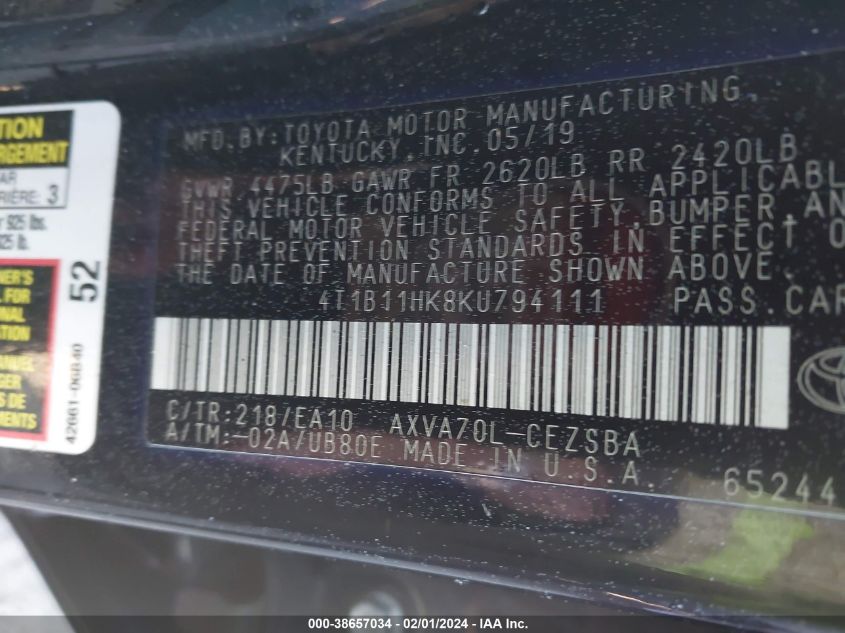 2019 TOYOTA CAMRY L/LE/XLE/SE/XSE - 4T1B11HK8KU794111