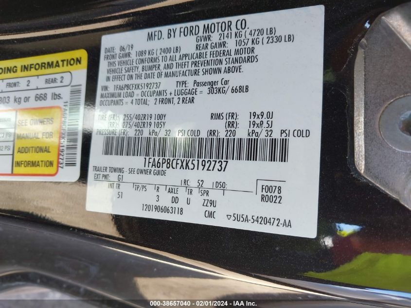2019 FORD MUSTANG GT - 1FA6P8CFXK5192737