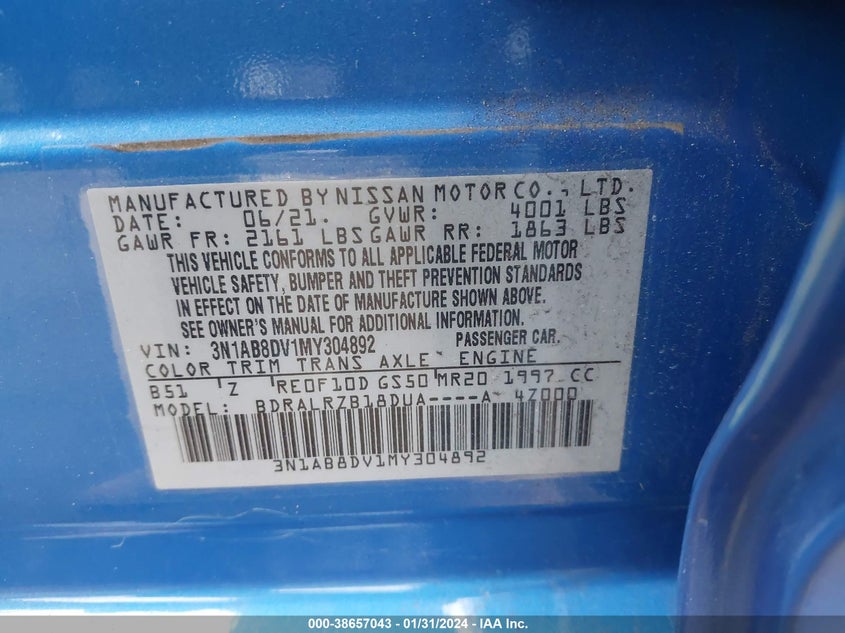 VIN 3N1AB8DV1MY304892 2021 NISSAN SENTRA SR XTRONIC CVT