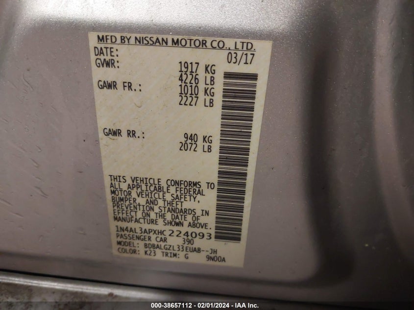 VIN 1N4AL3APXHC224093 2017 NISSAN ALTIMA 2.5 S