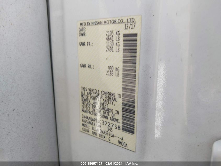 2018 NISSAN MAXIMA 3.5S/SV/SL/SR/PLAT - 1N4AA6AP1JC372758