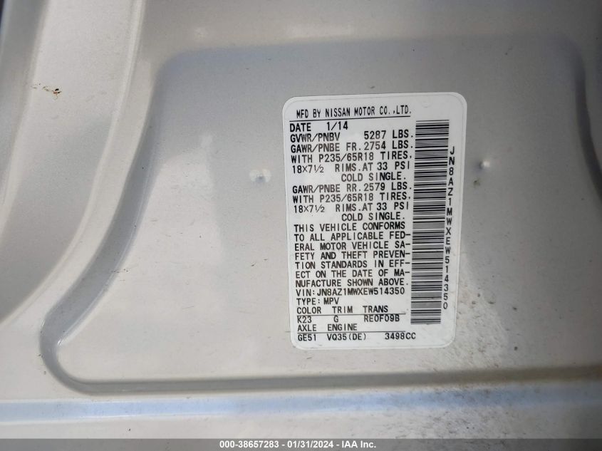 2014 NISSAN MURANO SV - JN8AZ1MWXEW514350