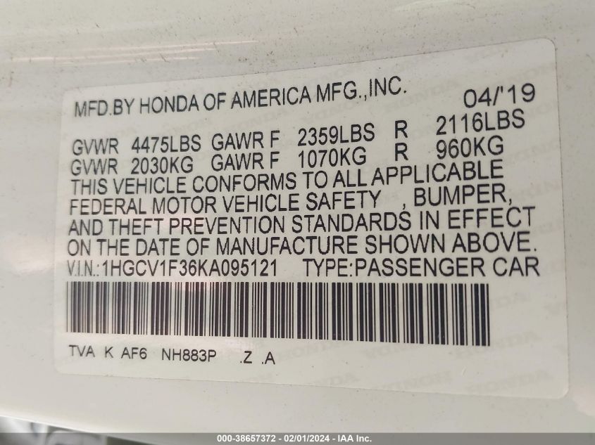2019 HONDA ACCORD SPORT - 1HGCV1F36KA095121