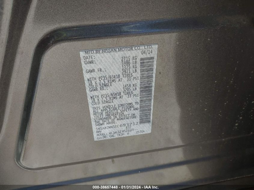 2014 NISSAN PATHFINDER SL - 5N1AR2MN5EC693712