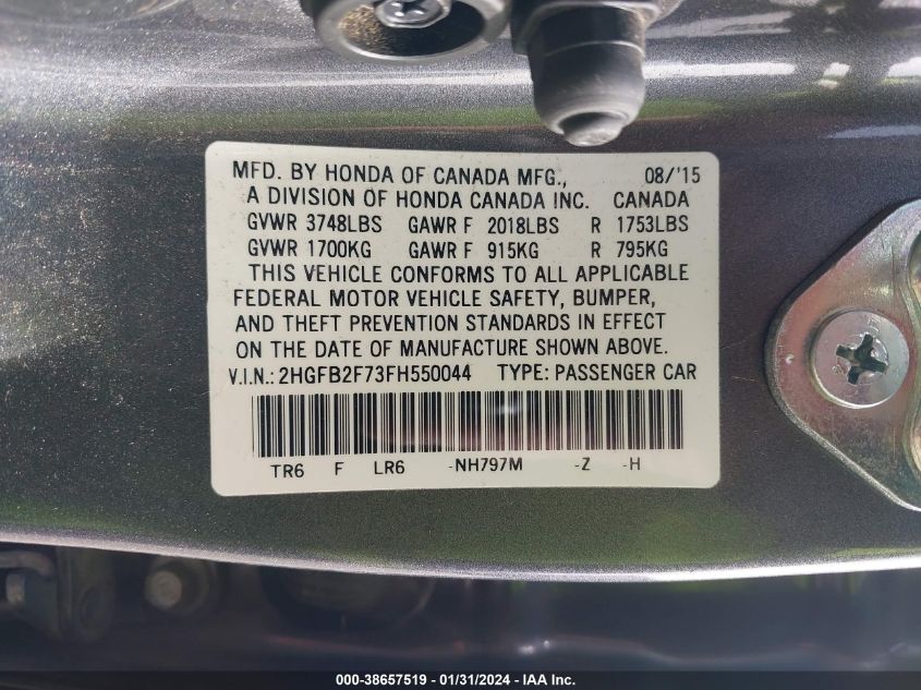 2015 HONDA CIVIC SE - 2HGFB2F73FH550044