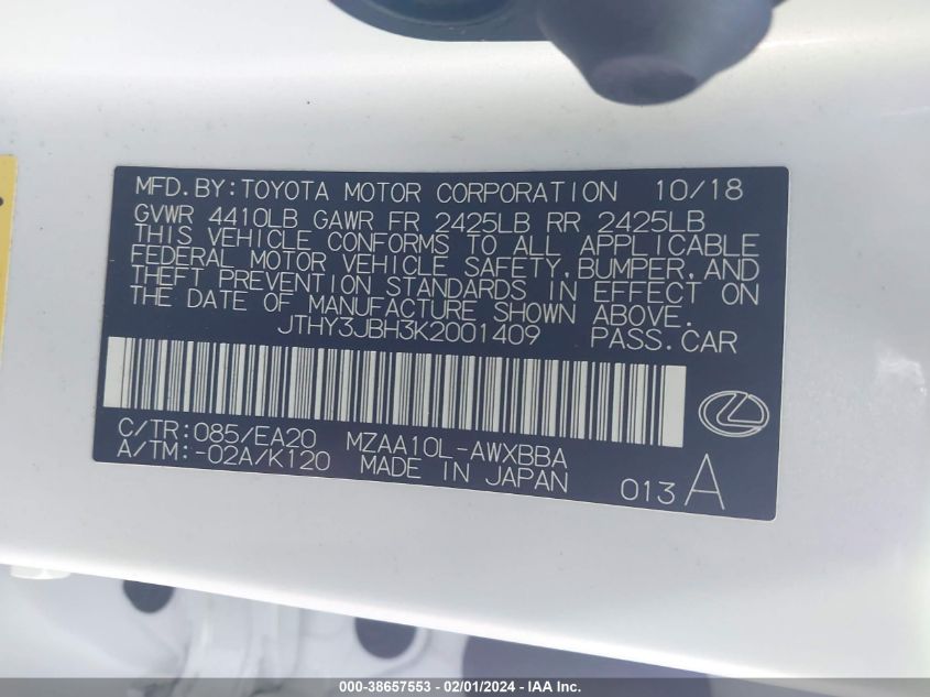 2019 LEXUS UX 200 - JTHY3JBH3K2001409