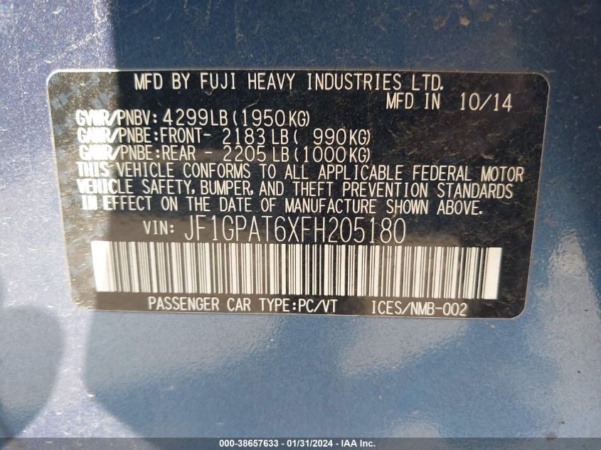 2015 SUBARU IMPREZA 2.0I SPORT PREMIUM - JF1GPAT6XFH205180