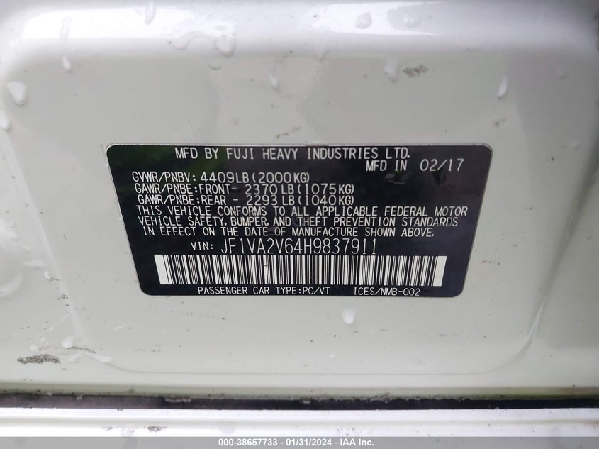 VIN JF1VA2V64H9837911 2017 SUBARU WRX STI