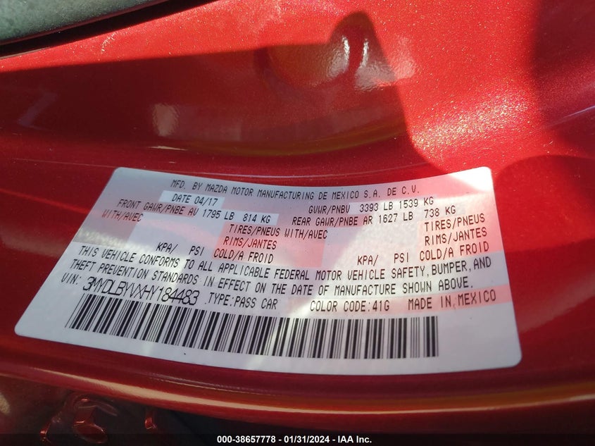 VIN 3MYDLBYVXHY184483 2017 TOYOTA YARIS IA