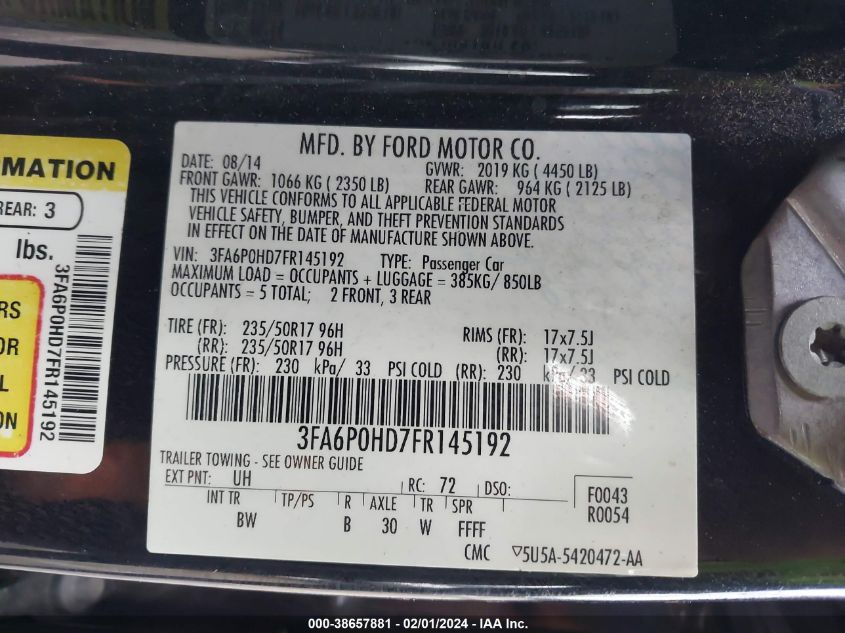 2015 FORD FUSION SE - 3FA6P0HD7FR145192